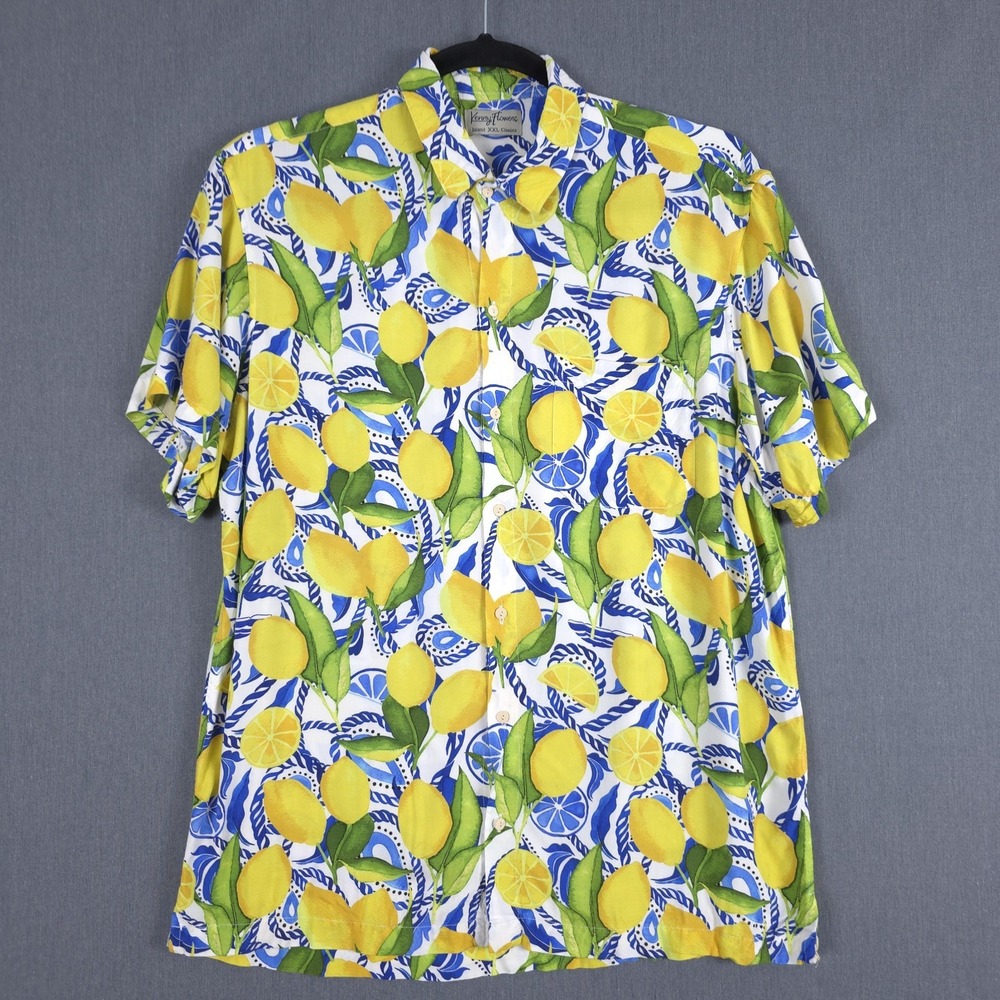 Kenny Flowers Bossitano Hawaiian Shirt Mens 2XL Rayon Lemon AOP Beach Resort XXL